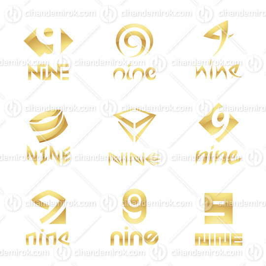 Golden Glossy Number 9 Icons on a White Background