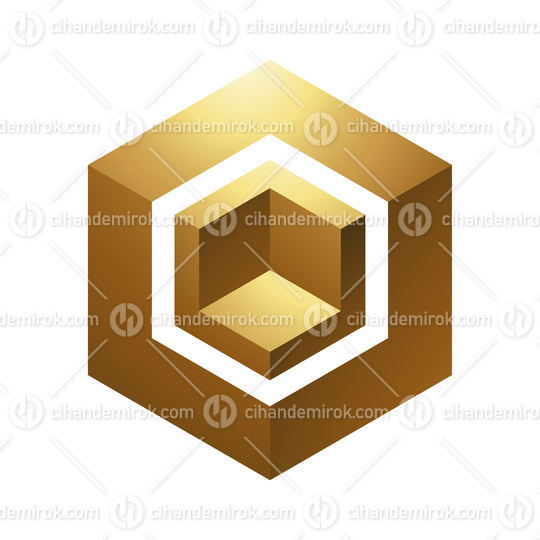 Golden Hexagonal Cube on a White Background