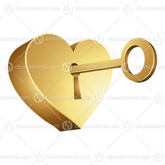 Golden Key Unlocking a Heart Shaped Lock on a White Background