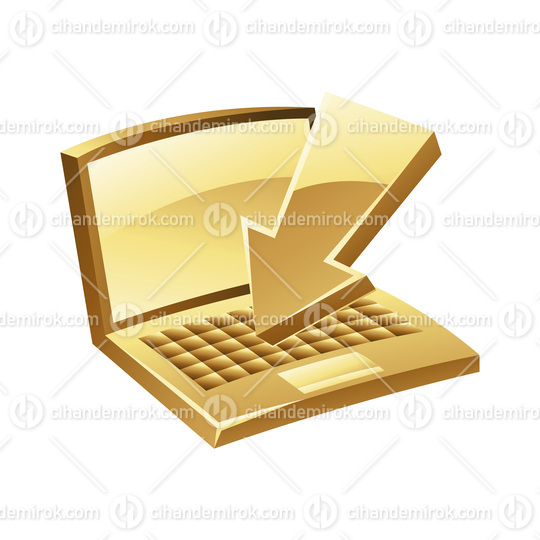 Golden Laptop and Download Icon on a White Background