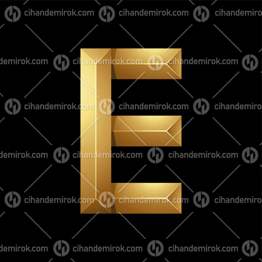 Golden Letter E Made of Pyramidical Rectangles on a Black Backgr