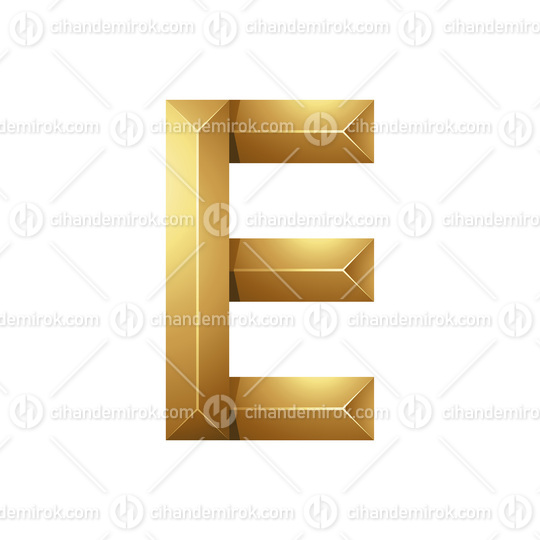 Golden Letter E Made of Pyramidical Rectangles on a White Backgr