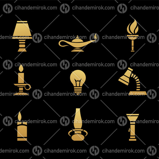 Golden Light Sources Icons on a Black Background