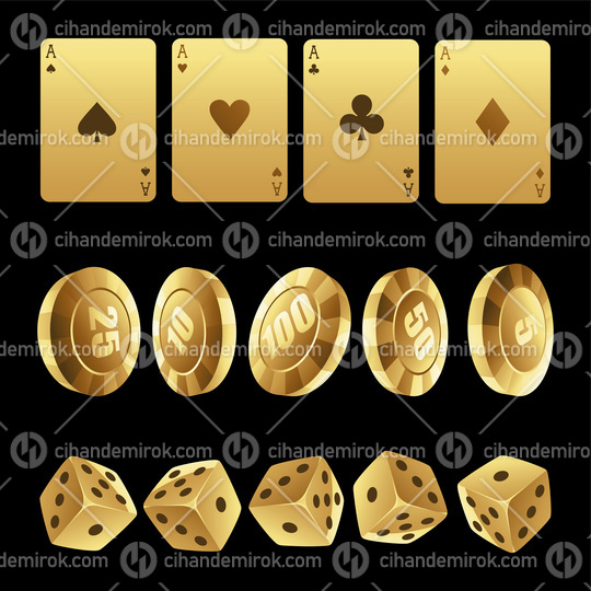 Golden Playing Cards Roulette Chips and Dices on a Black Backgro