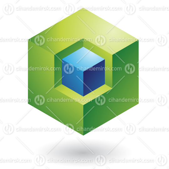 Green Abstract Cube Logo Icon with a Small Blue Cube in the Center 