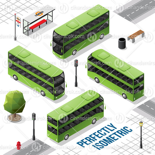 Green and Black Double Decker Isometric Bus from the Front Back 