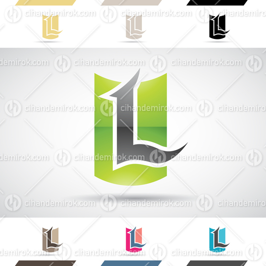 Green and Black Glossy Abstract Logo Icon of a Curved Spiky Letter L with a Shield Shape