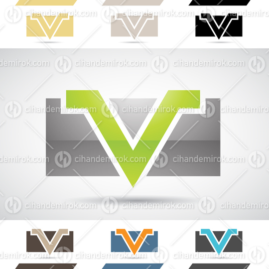 Green and Black Glossy Abstract Logo Icon of Angled Letter V Over a Rectangle