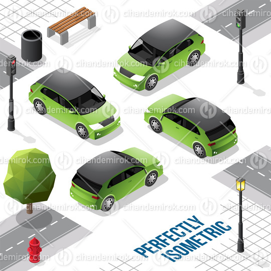 Green and Black Isometric Hatchback Car from Front Back Right an