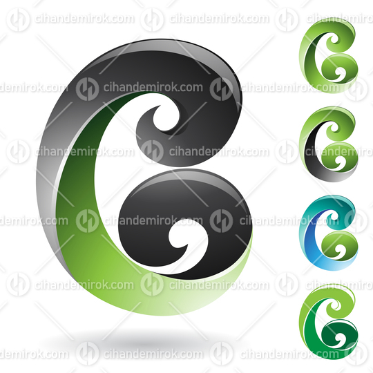 Green and Black Layered Letter C or B Icon with Curled Tips