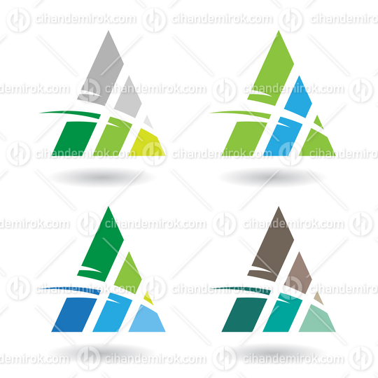 Green and Blue Abstract Triangle Icons of Letter A with Three Stripes 