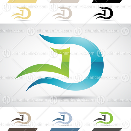 Green and Blue Glossy Abstract Logo Icon of Letter D with Long Curvy Tails