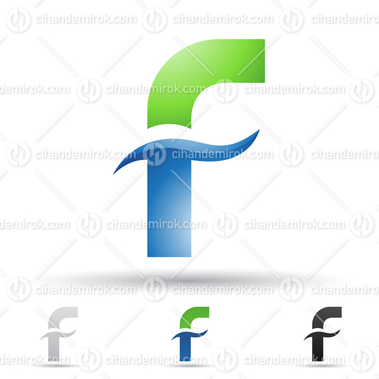 Green and Blue Glossy Abstract Logo Icon of Letter F with Wavy Lines