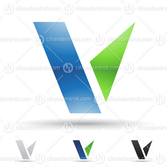 Green and Blue Glossy Abstract Logo Icon of Letter V with Rectangles and Triangles