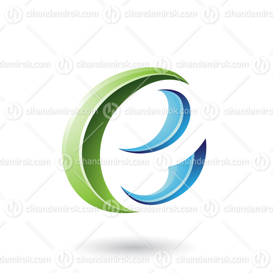 Green and Blue Glossy Crescent Shape Letter E Vector Illustration