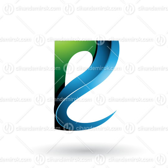 Green and Blue Glossy Curvy Embossed Letter E Vector Illustration