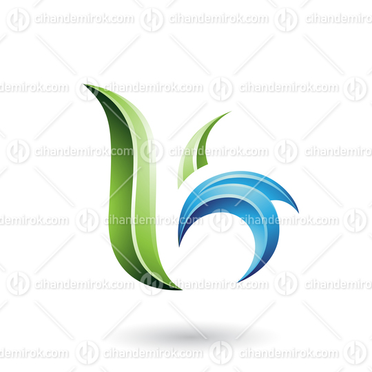 Green and Blue Glossy Leaf Shaped Letter B or K Vector Illustration