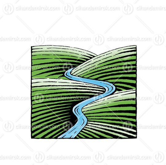 Green and Blue Hills and River, Scratchboard Engraved Vector