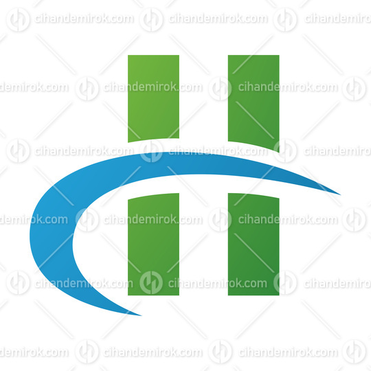 Green and Blue Letter H Icon with Vertical Rectangles and a Swoo