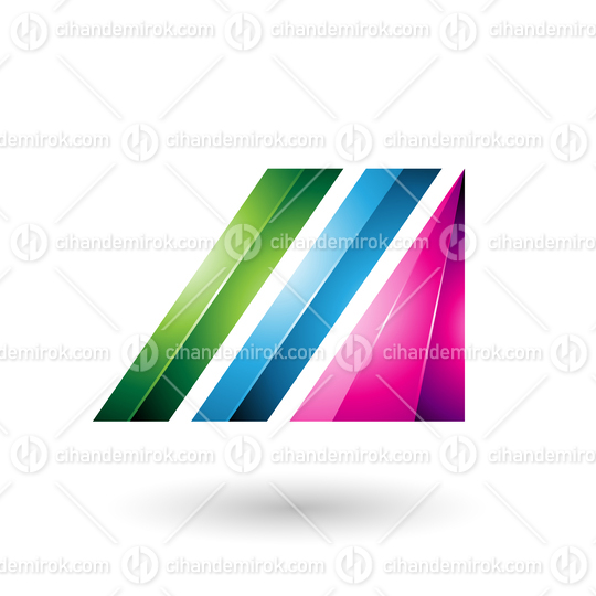 Green and Blue Letter M of Glossy Diagonal Bars