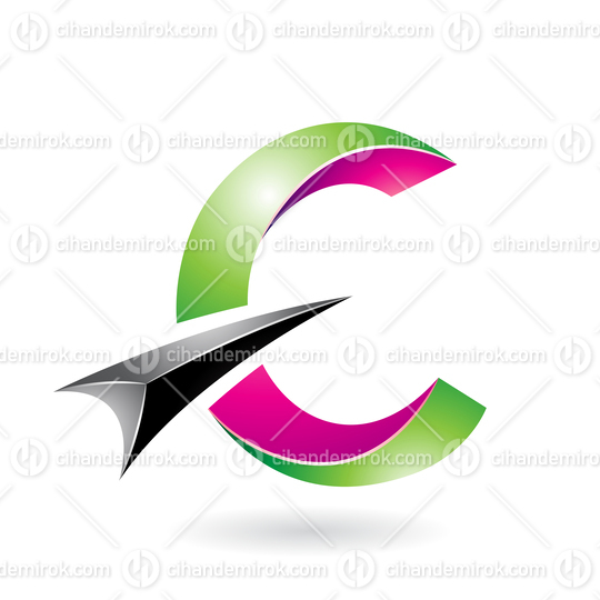 Green and Magenta Shiny Twisted Letter C Icon with a Black Glossy Arrow