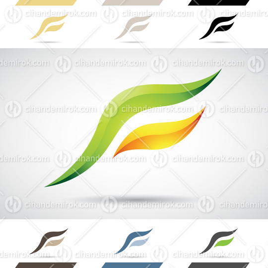 Green and Orange Glossy Abstract Logo Icon of Bird Shaped Letter F with Spiky Wings