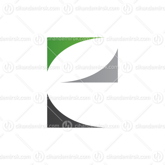 Green Black and Grey Lowercase Letter E Icon with Curvy Triangle