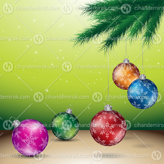 Green Christmas Background with Glossy Colorful Balls