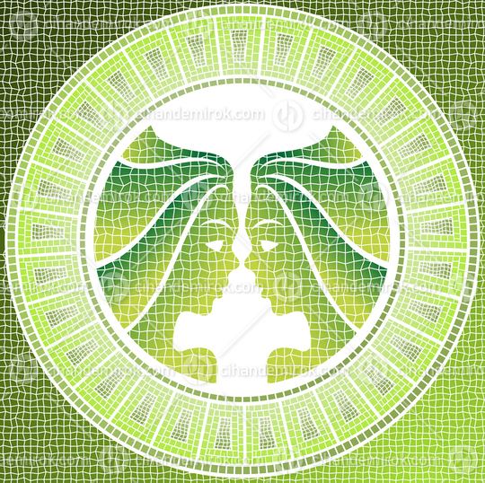 Green Gemini Zodiac Sign in form of an Antique Mosaic