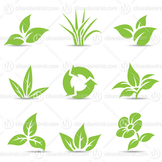 Green Grass and Leaves Icons with Recycling Symbol