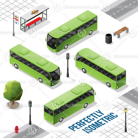 Green Isometric Bus from the Front Back Right and Left