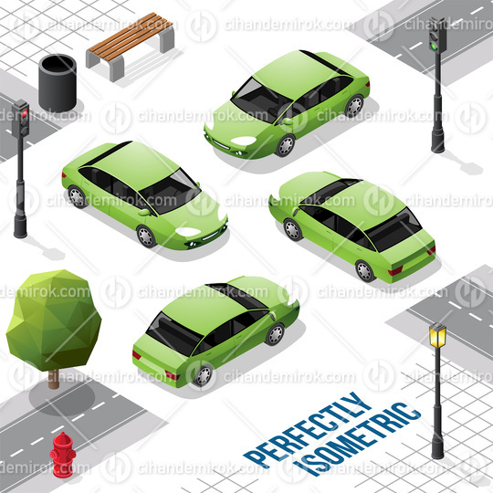 Green Isometric Car from Front Back Right and Left