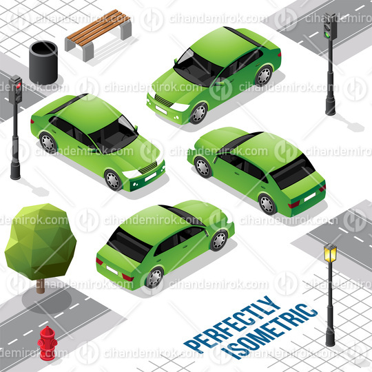Green Isometric Long Car from Front Back Right and Left