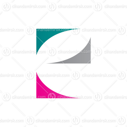Green Magenta and Grey Lowercase Letter E Icon with Curvy Triangles