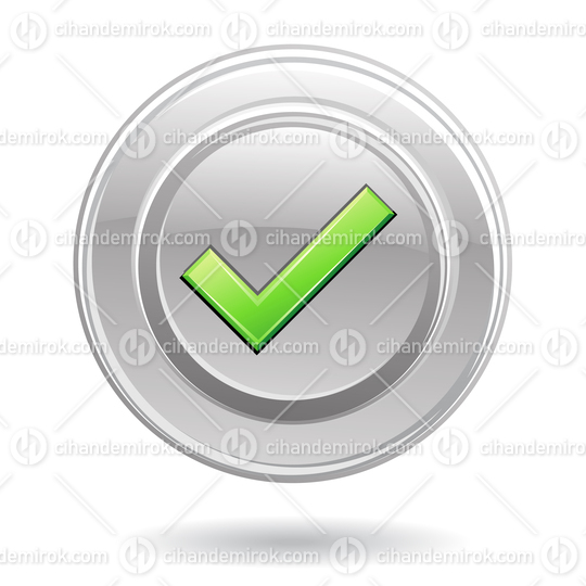 Green Ok or Tick Icon in a Glossy Metal Circle