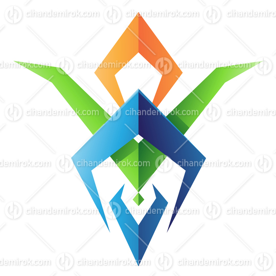 Green Orange and Blue Bug Shaped Tribal Symbol with Blade Like Edges 