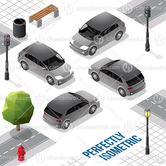 Grey and Black Isometric Hatchback Car from Front Back Right and