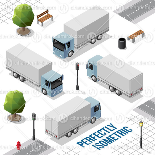 Grey Blue Isometric Big Truck from the Front Back Right and Left