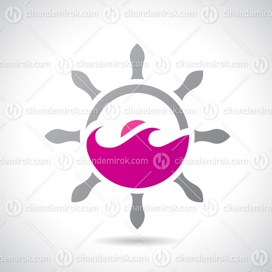 Grey Ship's Wheel with Magenta Sea Waves and The Sun Icon