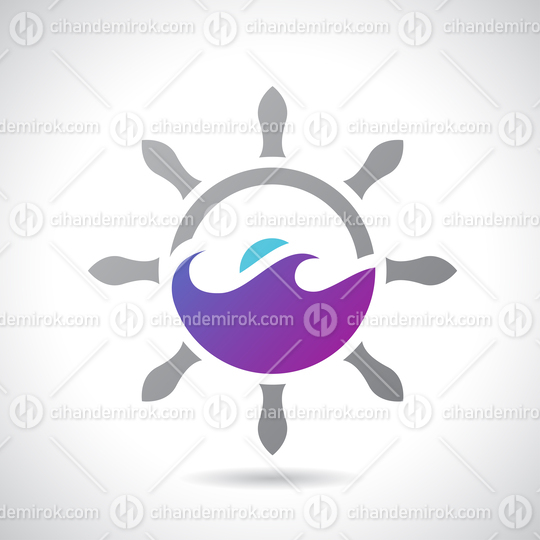 Grey Ship's Wheel with Purple Sea Waves and The Sun Icon