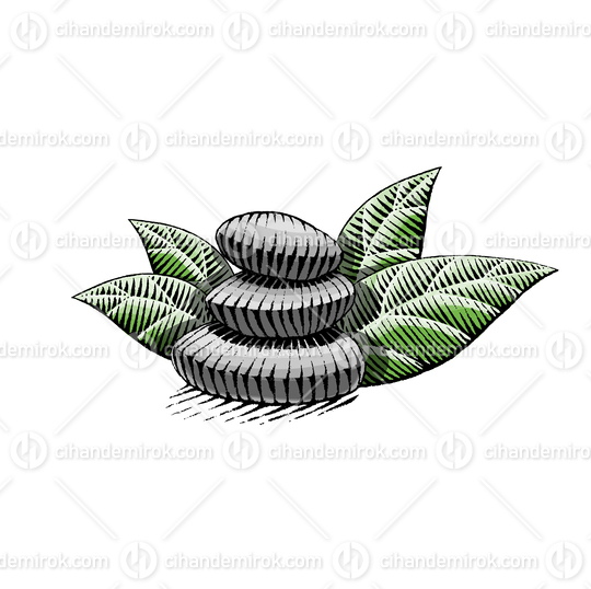 Grey Spa Stones with Green Leaves, Scratchboard Engraved Vector