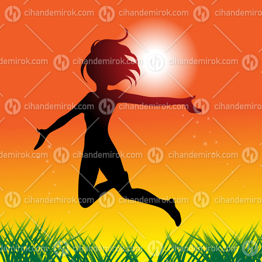 Happy Young Girl Jumping over Green Grass