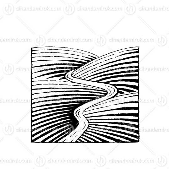 Hills and River, Scratchboard Engraved Vector
