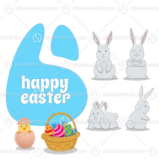 Horizontal Blue Happy Easter Background with 4 Bunnies a Chick and Eggs Basket