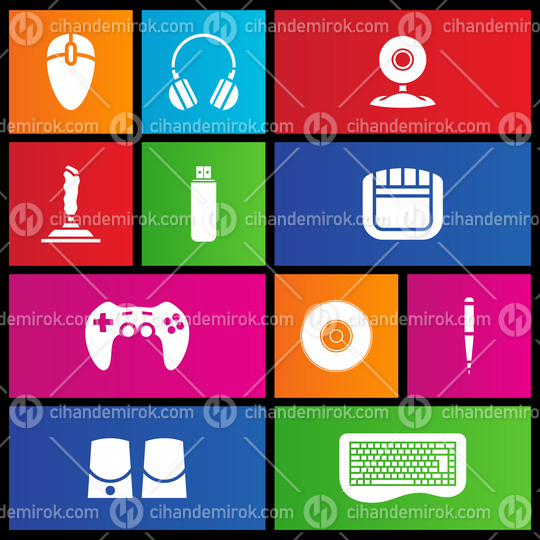 Icons of PC Accessories and Peripherals on Colorful Square Shape