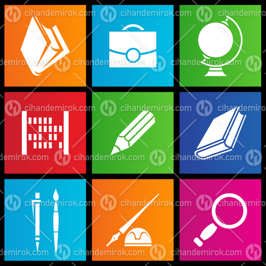 Icons of School Objects on Colorful Square Shapes