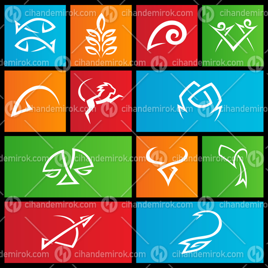 Icons of Simplistic Zodiac Star Signs on Colorful Square Shapes