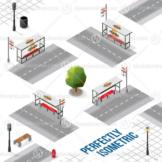 Isometric Bus Stops with Roads from Front Back Right and Left Views 