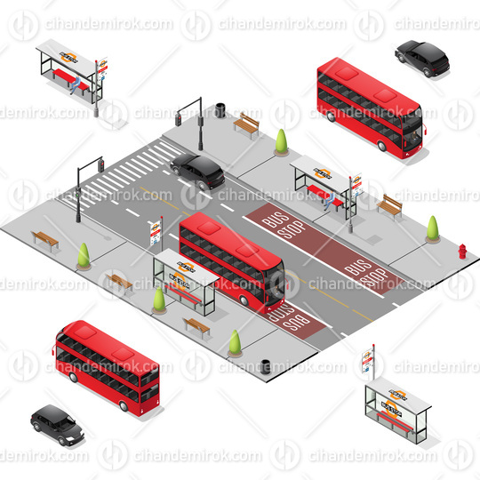 Isometric Bus Stops with Vehicles