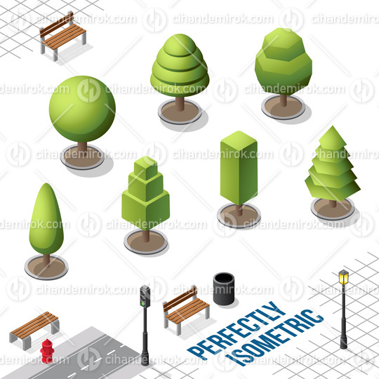 Isometric Trees Set 31 isolated on White